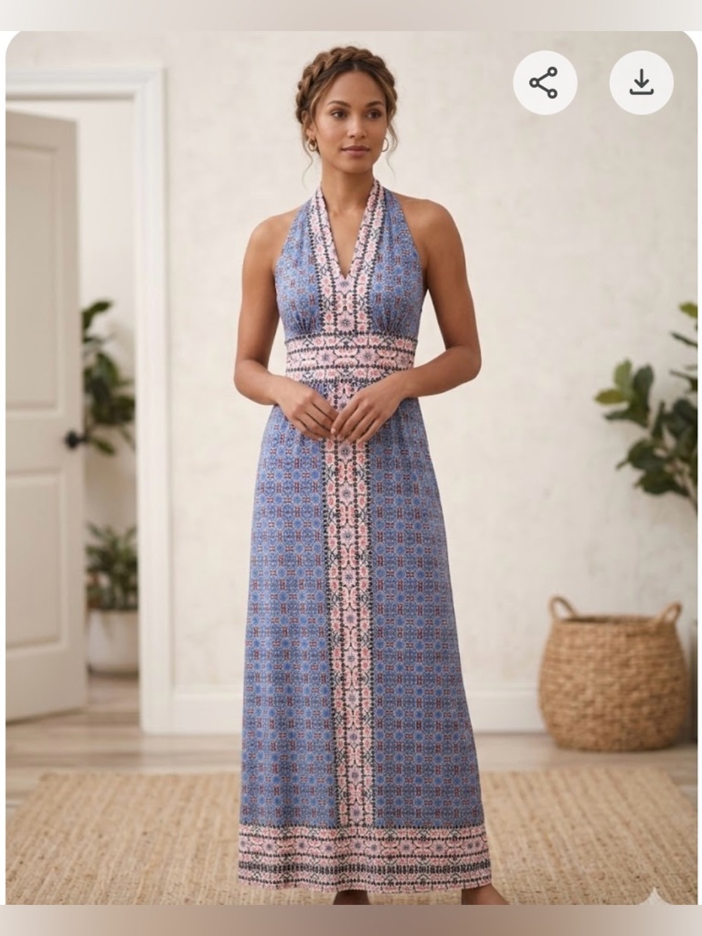 Wisp Ella Jersey Maxi Dress Stitch Fix Boho Print Blue Pink Size 6P